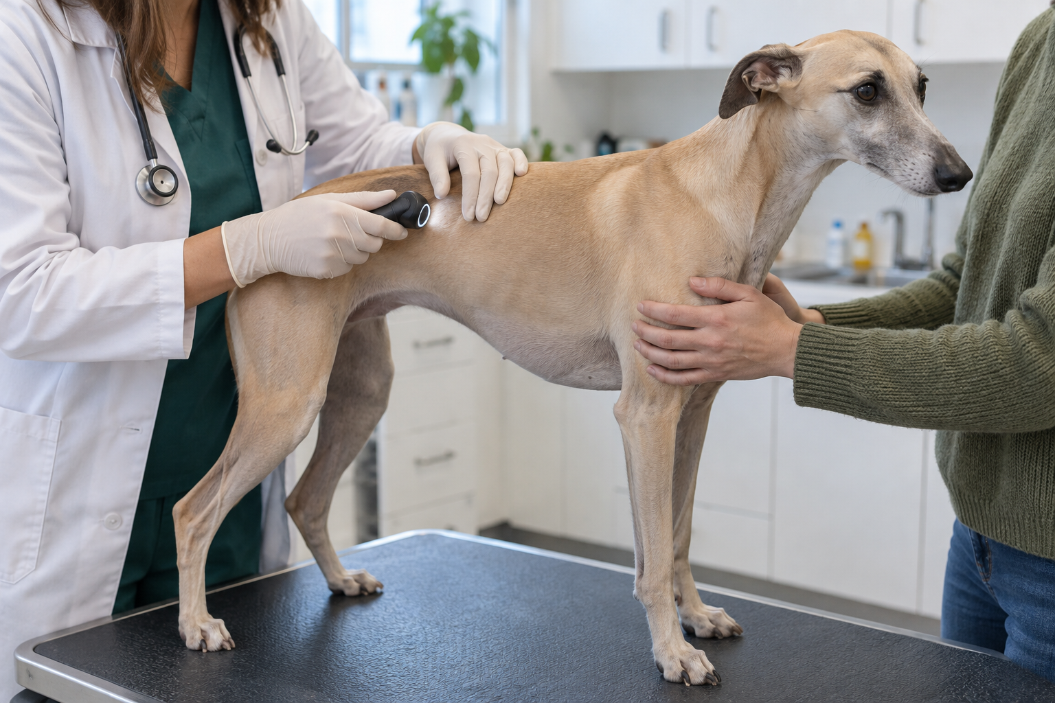 Veterinárka vyšetruje kožu na boku pokojného whippeta
